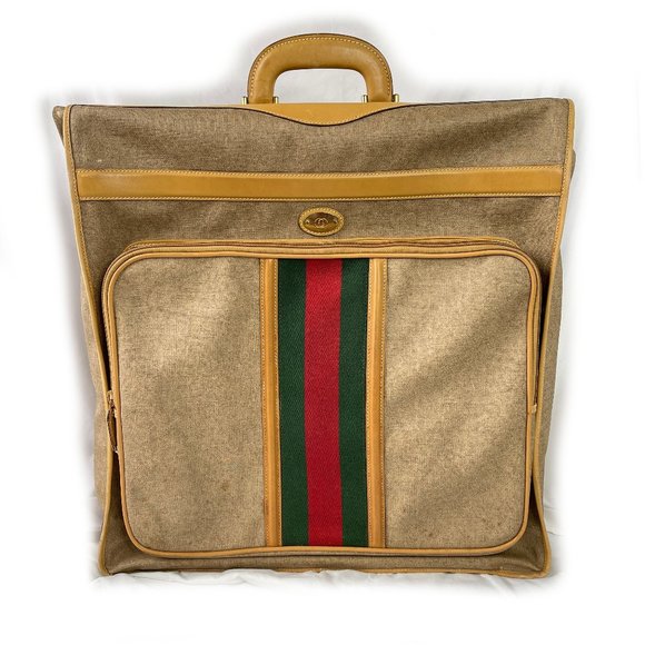 Rare Vintage Gucci Folding Garment Suit Bag Canvas & Leather W/ Stripes Italy - Picture 1 of 16